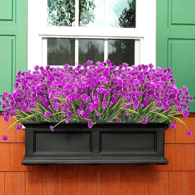 Artificial Fake Flowers, 12 Bundles Outdoor UV Resistant Greenery Shrubs Plants Indoor Outside Hanging Planter Home Garden Décor (Purple)