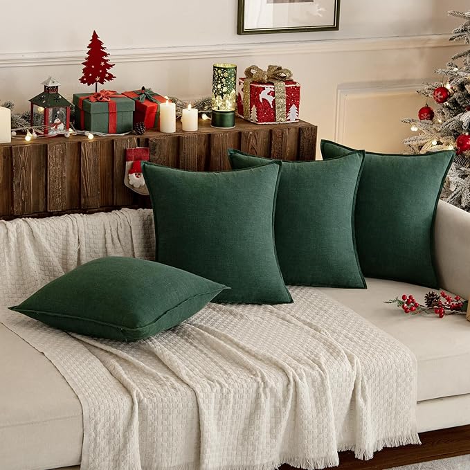 MIULEE Decorative Linen Euro Sham Pillow Covers 26x26 Dark Green Boho Farmhouse Neutral Couch Throw Pillows for Bed Pack of 2 Accent Modern Pillowcase Sofa Livingroom Home Decor