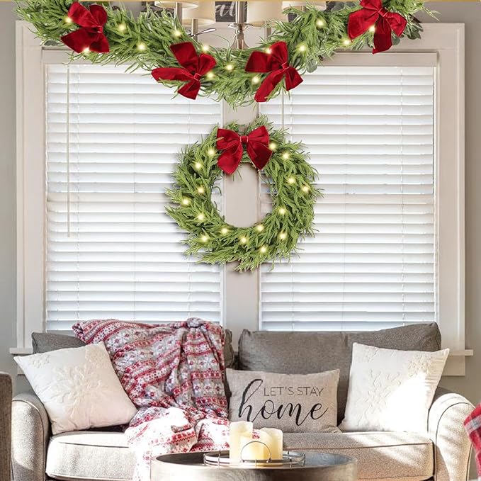 9ft Christmas Garland with Lights,Lighted Norfolk Pine Garland for Mantle,Prelit Real Touch Artificial Green Christmas Winter Garland with Large Burgundy Velvet Bow for Indoor Outdoor Decor