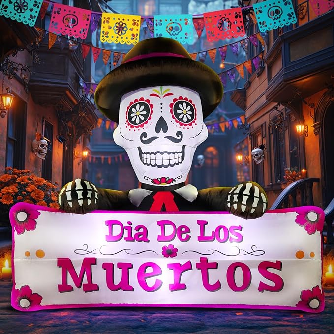 DomKom 6FT Halloween Inflatable Blow Up Decorations, Dia de Los Muertos Day of Dead Banner, Build-in LED Lights Holiday Blow Up Yard Decoration for Halloween Party Outdoor Garden Yard Lawn Decor
