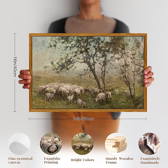 crmotu Vintage Framed Wall Art, Animal Landscape Canvas Prints, Prairie Sheep Rustic Farmhouse Decor Pictures, French Country Retro Paintings Wall Decor Living Room Bedroom Bathroom Kitchen 16x24in