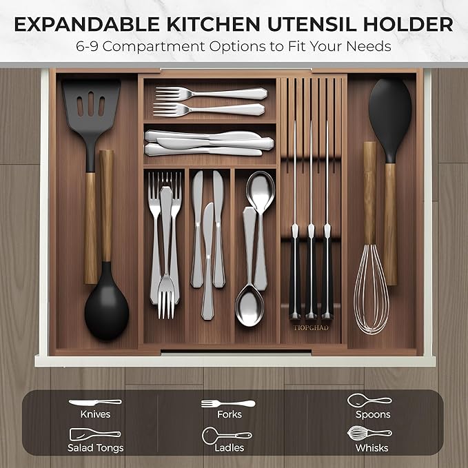 Bamboo-Silverware-Drawer-Organizer-Kitchen, Expandable Utensil Holder Cutlery Tray Flatware Organization Adjustable Wood Tableware Dividers Storage (with Removable Knife Block)(Brown)