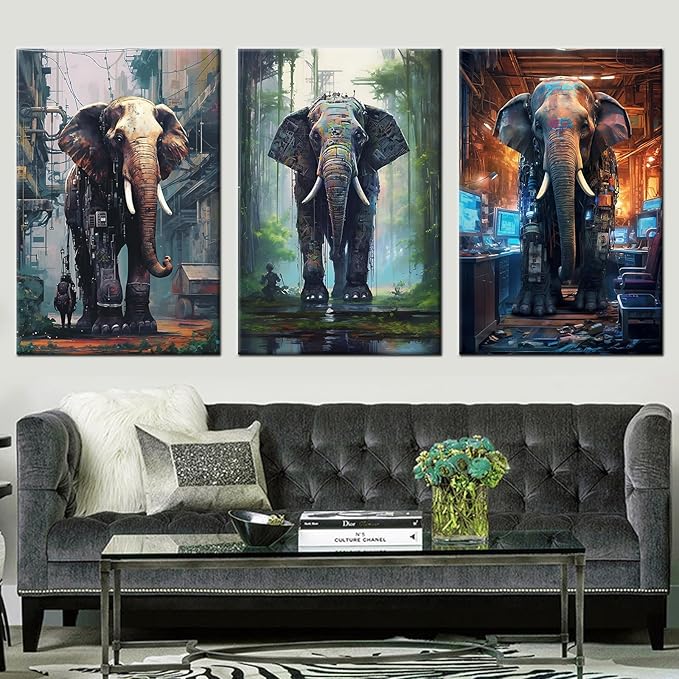 3 Pieces Abstract Animal Canvas Wall Art Home Decor Large Posters Upright Cyberpunk Giant Machine Elephants Painting Picture Artwork for Living Room Gym Workplace Stretched and Framed [60''W x 28''H]