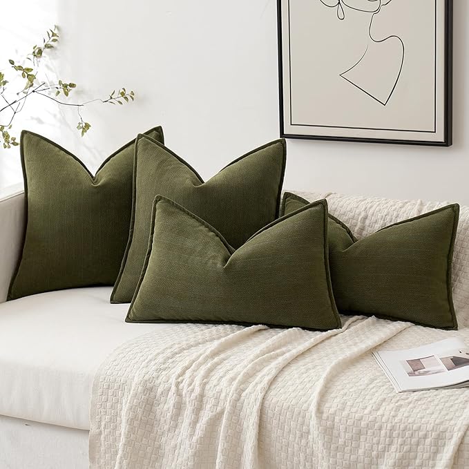 MIULEE Pack of 2 Olive Green Decorative Pillow Covers 22x22 Inch Soft Chenille Luxurious Couch Throw Pillows Boho Cushion Covers Euro Shams with Elegant Design for Sofa Bed Living Room Home Decor