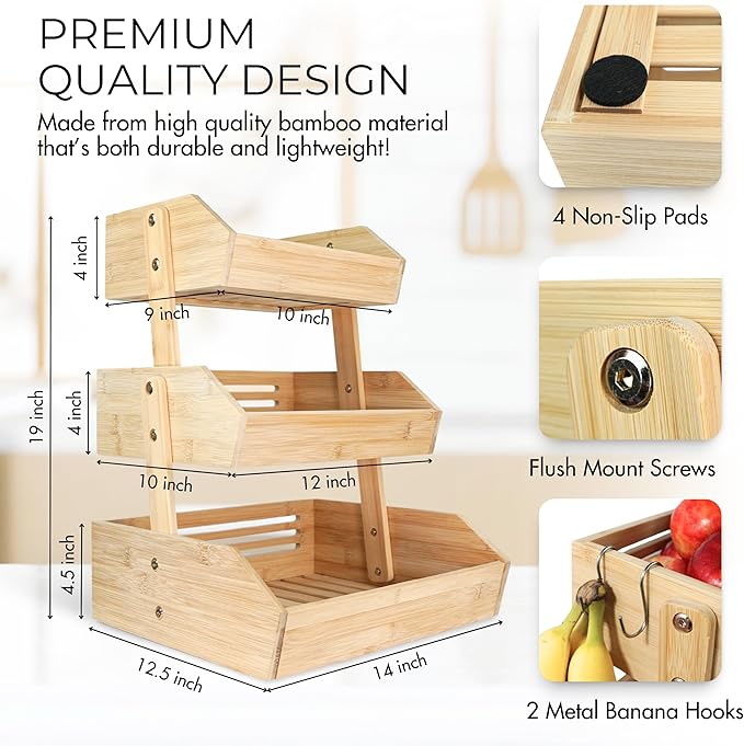 3-Tier Bamboo Fruit Basket – Transforms To 2-Tier | 2 Banana Hooks Included – 14" W x 12.5" L x 19" H – Fruit Holder for Kitchen Countertop - Fruits & Vegetable Storage – Large Capacity Shelf