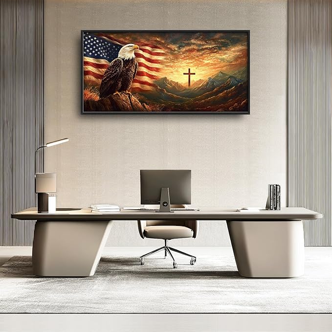 Framed Large Wall Art for Living Room, Bald Eagle American Flag Canvas Wall Decor, Large Christian Cross Picture Framed Painting, Modern Artwork for Bedroom Office 60L'' × 30W''