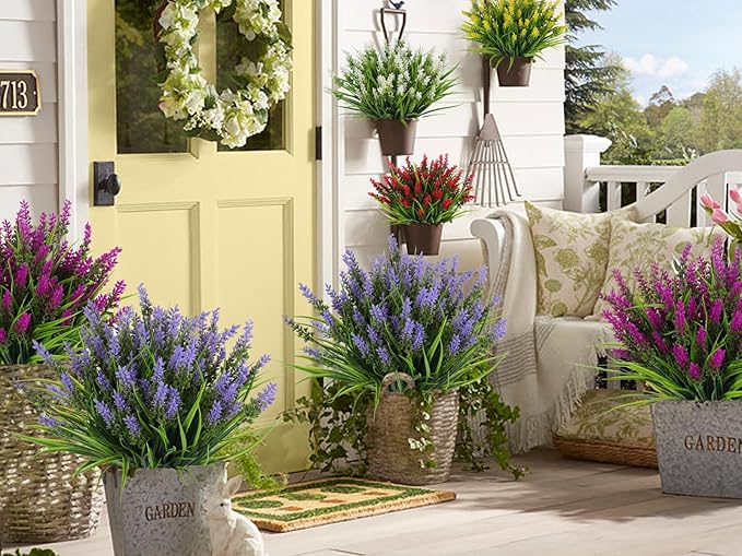 Artificial Outdoor Flowers UV Resistant Fake Outdoor Plants, Fake Monkey Grass with Flowers,Faux Greenery for Indoor Outside Hanging Plants Garden Porch Window Box Home Wedding Farmhouse Décor(Purple)