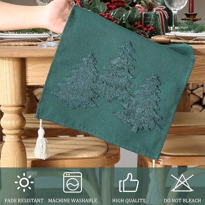 Breling Christmas Tree Table Runner Jacquard Christmas Tree Dinner Table Runner Xmas Holiday Kitchen Dining Decoration for Winter Holiday Kitchen Party Home Decor 13x72 Inch(Dark Green)