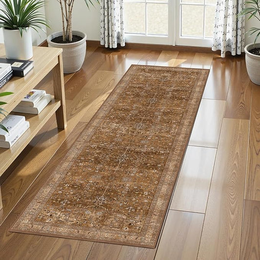 Washable Area Rug 2'6'' x 8' Vintage Traditional Persian Mat - Foldable Distressed Non-Slip Machine Washable Carpet for Living Room Bedroom Kitchen Home Decor - Bronze and Ivory