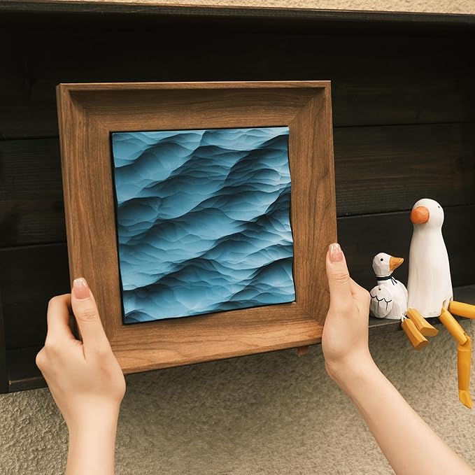 Handcrafted Wood Carved Frame Wall Art with 3D Wave Carving Design, Creative Bedroom Decor (natural wood color, large, Framed)