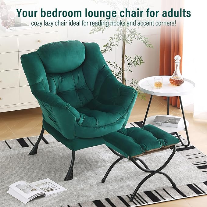 Oversized Chair with Ottoman, Modern Chair with Folding Footrest, Lounge Accent Chair, Comfortable Reading Chair for Bedroom, Study, Living Room, Courtyard (Velvet Dark Green