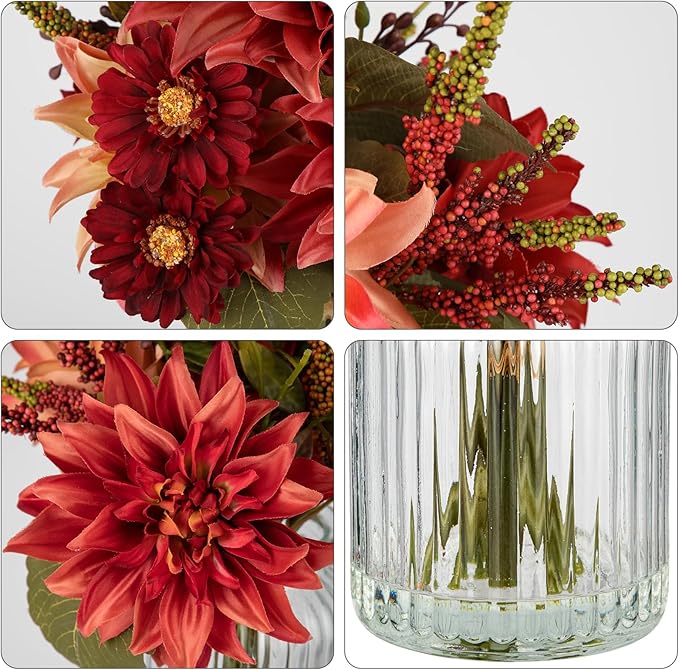 Briful Fake Fall Flowers with Vase, Artificial Fall Dahlia & Mum Silk Floral Arrangement with Glass Vase Faux Autumn Flowers Bouquet for Home Office Room Coffee Table Centerpiece Wedding Decoration