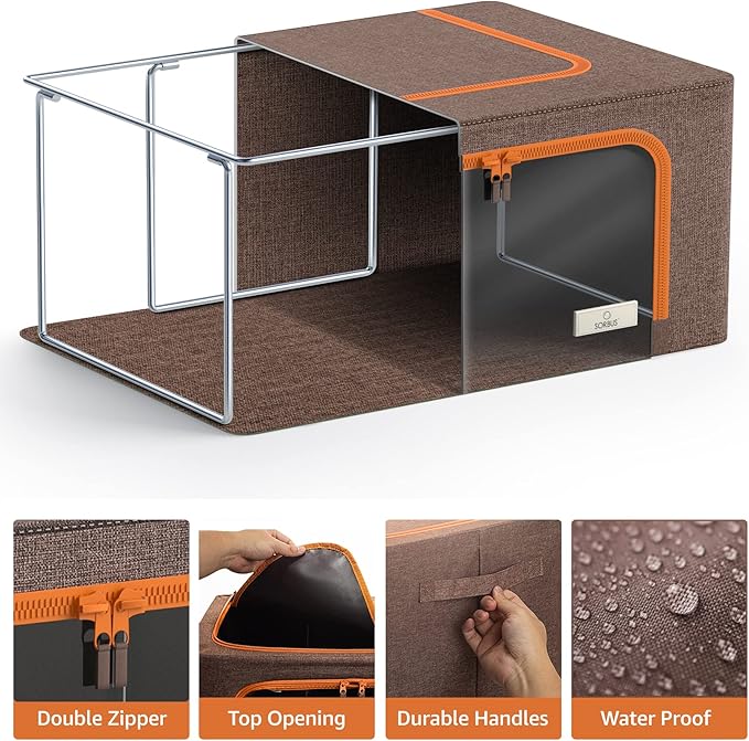 Sorbus® Storage Bins Boxes, Foldable Stackable Container Organizer Basket Set with Large Clear Window & Carry Handles, for Bedding, Linen, Clothes (Brown)