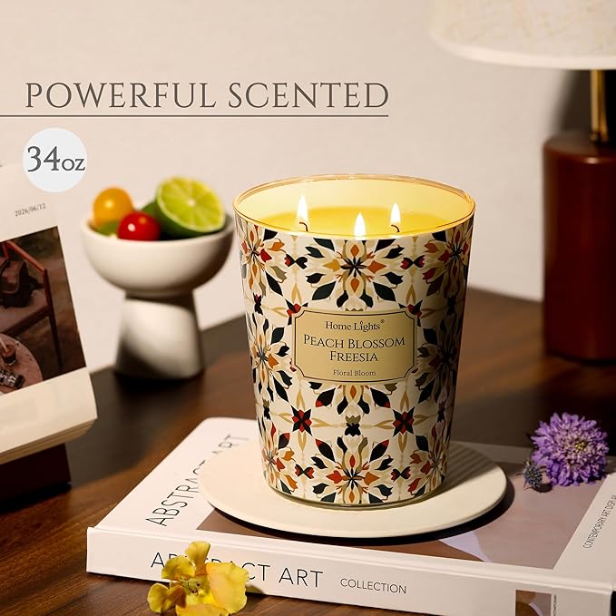 HomeLights 3-Wick Candles for Home Scented - 34oz Soy Wax Blend Candle Long-Lasting Fragrance, Bohemian Natural Textures Home Decor and Housewarming Gifts, Peach Blossom Freesia