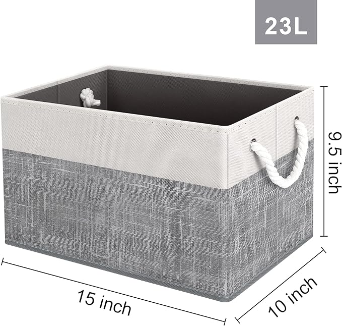 Fab Totes Foldable Storage Baskets - 6-Pack, Organize Toys, Books, Shelves, Closet - Large Storage Box with Rope Handles, Sturdy White & Grey Bins
