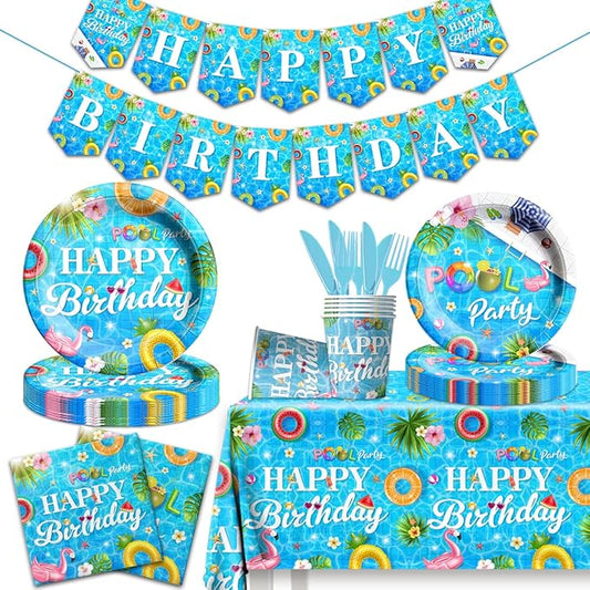 142 Pieces Pool Birthday Party Supplies - Summer Pool Tableware Set Plate,Cups,Tablecloth for Summer Pool Birthday Party, Hawaii Holiday Decorations