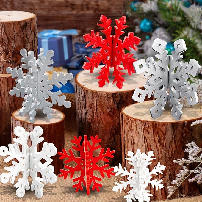 OuMuaMua Winter Christmas Centerpiece Table Decorations - 24pcs Wooden Snowflakes Decor 3D Red White Snowflake Tabletop Decor Snowflake Centerpiece for Xmas Holiday Tiered Tray Winter Farmhouse