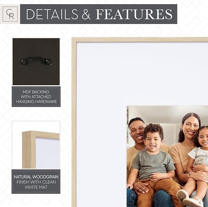 Camden Reed Arcadia 8 Piece Oversized Gallery Wall Frame, 16x20 and 16x16 Inch Matted Frames for Featuring 8x10 and 5x7 Inch Photographs or Art Prints, Natural Finish