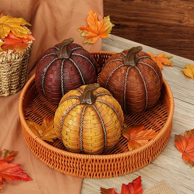6 Inch Large Artificial Pumpkins, 3 Pcs Fall Pumpkin Decor Orange Clay Brown Dark Red Faux Resin Pumpkins Woven Pumpkin Centerpiece for Rustic Farmhouse Fall Thanksgiving Autumn Harvest Table Decor