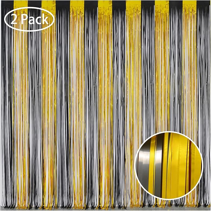 Melsan Foil Curtain Tinsel Backdrop - 3.2ft X 8ft Black and Gold Fringe Curtain Photo Streamers Backdrop for Halloween, Graduation, New Year EVE, Retirement Party Decorations - Pack of 2