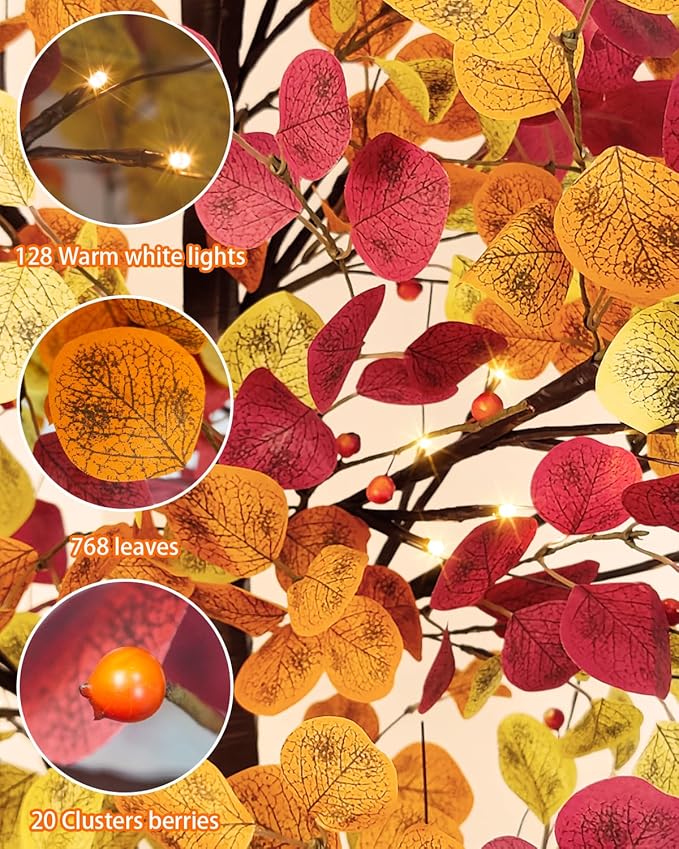 Agusbagli 7FT 128LED Artificial Lighted Fall Eucalyptus Tree, Fall Decorations for Home with Timer Dimmable 8 Modes Fall Light Up Tree with 768 Leaves for Indoor Outdoor Autumn Thanksgiving Decor