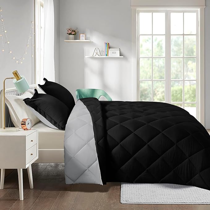 HIG 3pc Black Queen Size Comforter Set-All Season Reversible Down Alternative Comforter with Two Shams -Quilted Duvet Insert with Corner Tabs - Diamond Stitched Blanket - Breathable, Soft, Fluffy