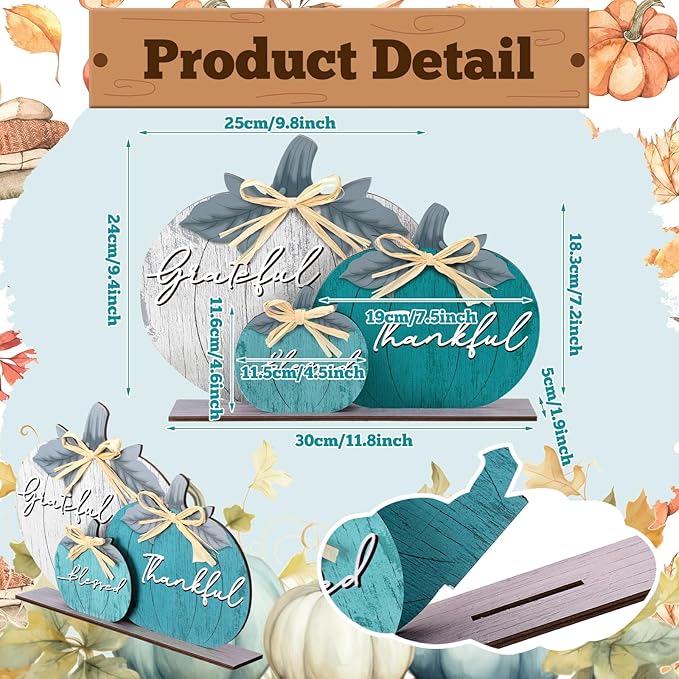 Soaoo Fall Pumpkin Table Decorations Wooden Thankful Blessed Centerpiece Autumn Grateful Tabletop Decor Farmhouse Harvest Pumpkin Block Signs for Party Rustic Table Shelf Decor Home(Novel)