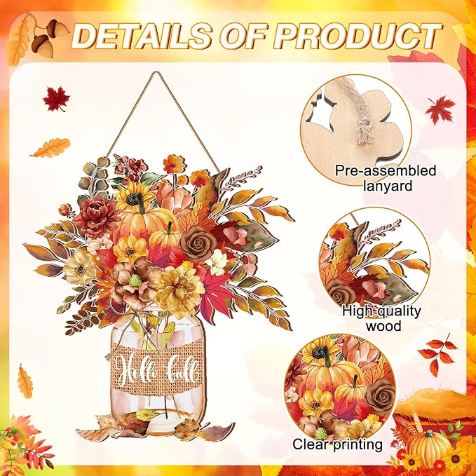 Boao Fall Welcome Door Sign Gnome Hanging Decor Thanksgiving Wooden Sign Autumn Door Decorations Pumpkin Maple Leaves Wood Hanger for Outdoor Farmhouse Front Porch