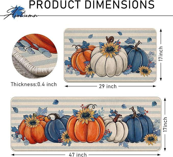 Fall Blue White Pumpkin Kitchen Rugs Set of 2, Autumn Sunflower Stripes Kitchen Mats Decor, Thanksgiving Seasonal Floor Door Mat Home Decorations - 17x29 and 17x47 Inch