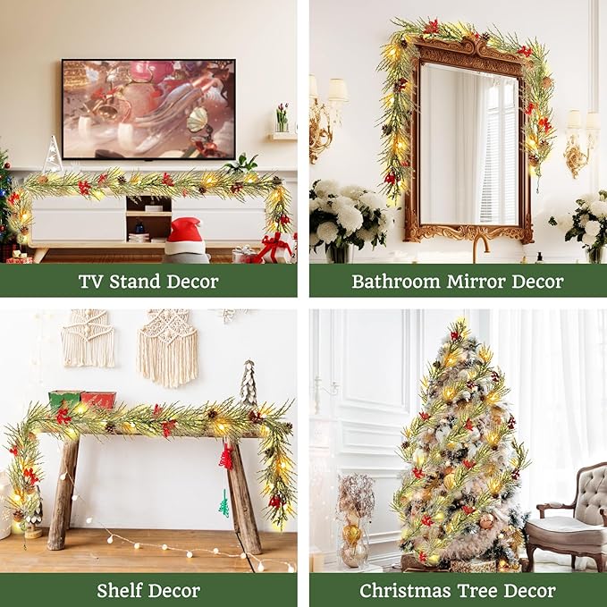 Christmas Garland with Lights, 6FT Artificial Red Berry Xmas Garland and Pine Cones, Battery Operated for Mantle, Front Door, Stairs Railing, Home Holiday, Indoor, Outdoor Decoration