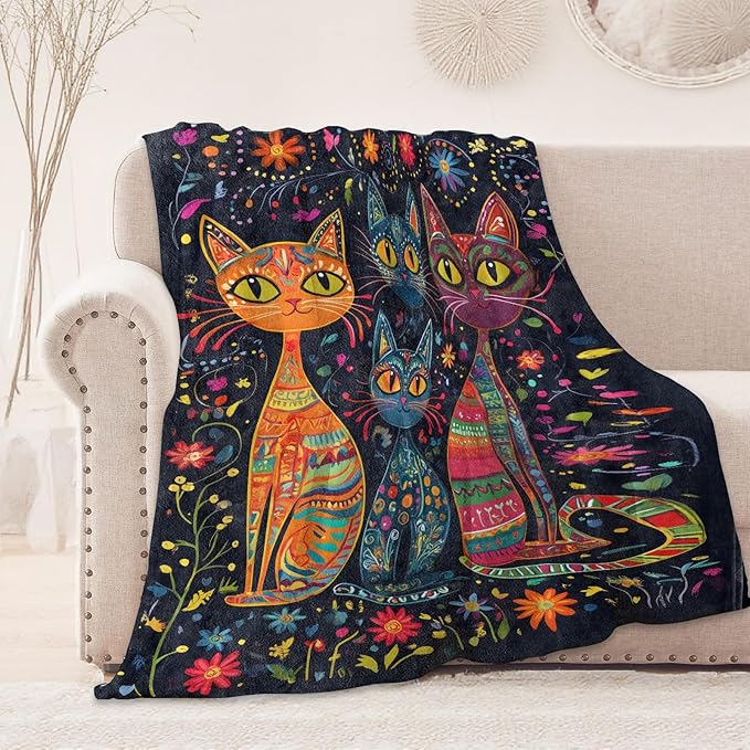 Boho Cat Blanket, Cozy Flannel Colorful Patterned Kittens Throw Blanket, Soft Fuzzy Blankets for Travel Home Decor, All Season Lightweight Couch Bed Cover, Gifts for Women Adults Kids 40"×50"