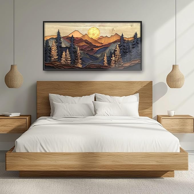 Mountain Large Wall Art for Living Room Framed, Cabin Wall Decor Pictures, Nature Scenery Pine Forest Landscape Canvas Print Painting, Aesthetic Artwork Bedroom Office Home Decor 60"x30"