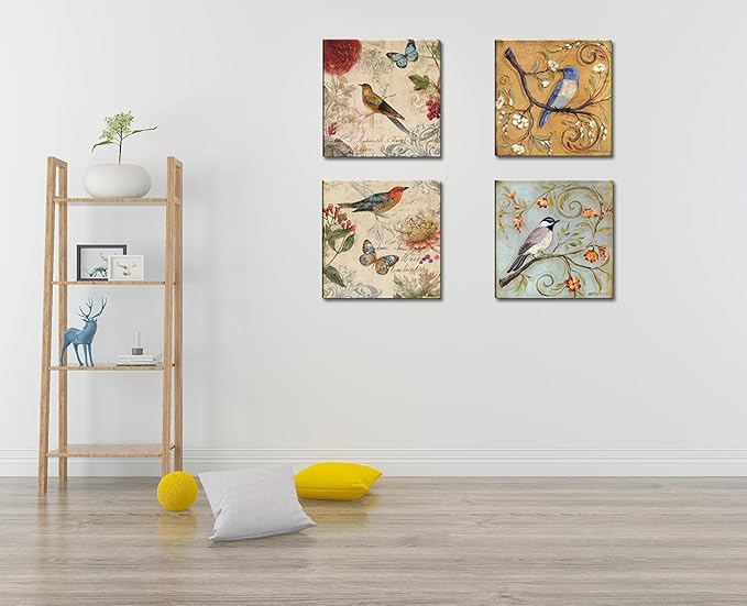 Flowers Birds Canvas Wall Art for Bedroom Floral Wall Decor Butterfly Picture Framed Artwork Vintage Prints Paintings for Bathroom Kitchen Decorations