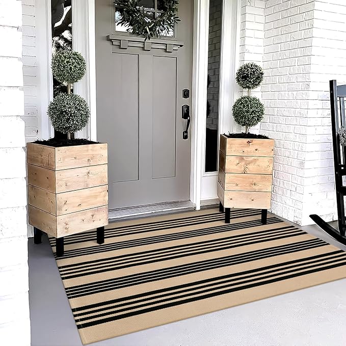 OJIA Fall Outdoor Rug 3'x5', Black and Tan Area Rug Machine Washable Rugs Cotton Hand Woven Entry Rug Indoor Outdoor Striped Carpet for Front Porch/Deck/Backyard/Camping/Living Room