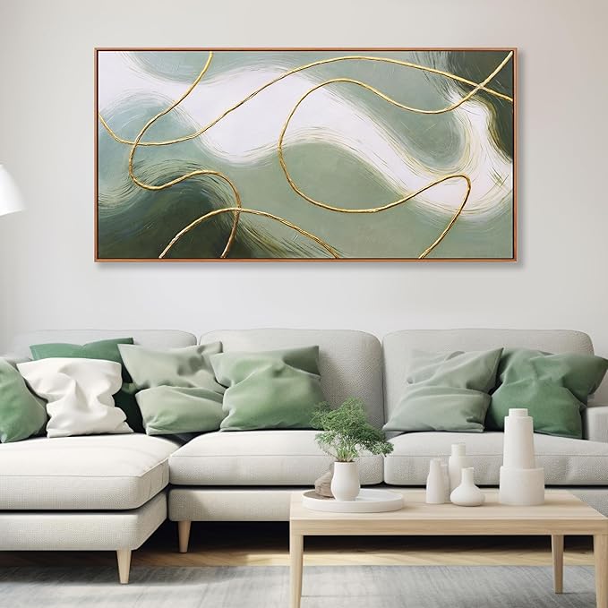 Abstract Wall Art Minimalism Green White and Gold Lines Boho Canvas Wall Decor Framed Artwork Modern Home Wall Decor for Living Room Bedroom Office 29"x58"