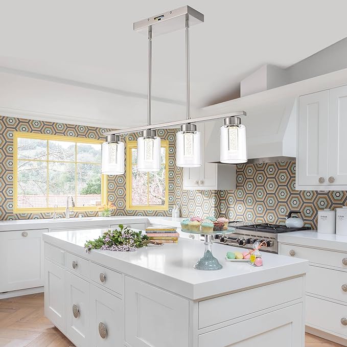 5CCT LED Brushed Nickel Pendant Light Fixtures LED Integrated Bulbs Included, 4-Light Farmhouse Chandedlier for Dining Room, Clear Glass Kitchen Island Light Fixture