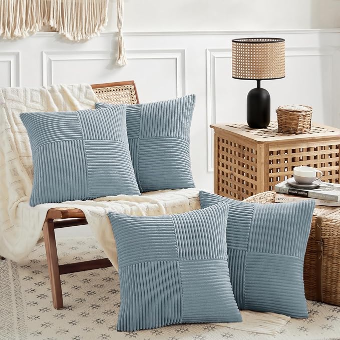 Fancy Homi Set of 4 Light Blue Decorative Throw Pillow Covers 20x20 Inch for Living Room Couch Bed Sofa, Farmhouse Boho Home Decor, Soft Cross Corduroy Patchwork Accent Square Cushion Case 50x50 cm