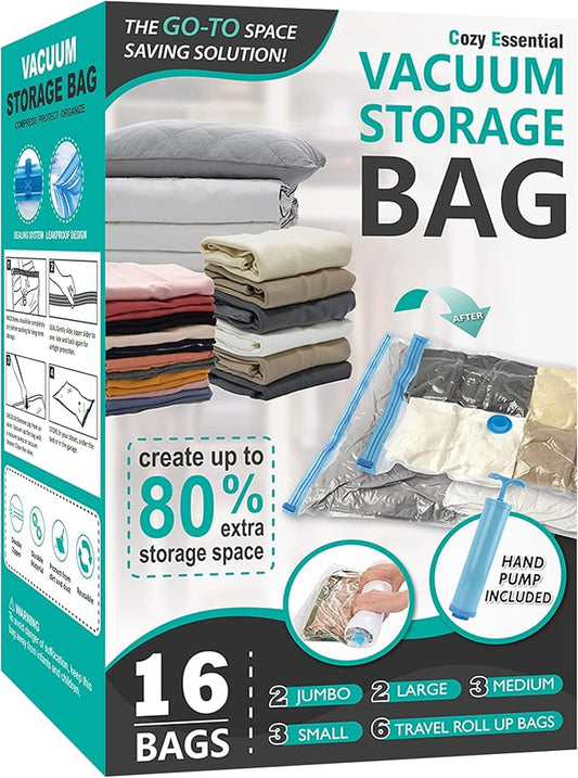 16 Pack Vacuum Storage Bags, Space Saver Bags (2Jumbo/2Large/3Medium/3Small/6Roll) Compression Storage Bags for Comforters and Blankets, Vacuum Sealer Bags for Clothes Storage, Hand Pump Included