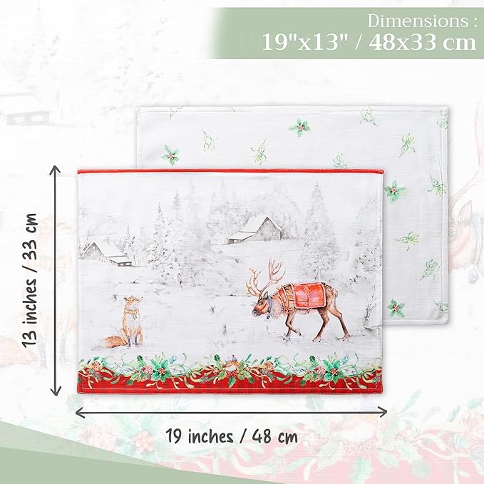 Maison d' Hermine Placemats Set of 4 100% Cotton Washable Cloth Place Mats, Reusable Table Mats for Kitchen Dining Decoration, Party, Wedding, Restaurant (Christmas Tradition, 13" x 19")