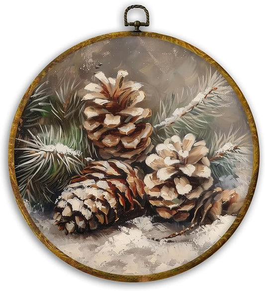 CUANFDDSF Vintage Christmas Winter Pinecones Round Wall Art Decor, Rustic Nature Pine Cone Wall Hanging Frame Decor, Farmhouse Christmas Winter Canvas Prints Decorations for Home Bedroom, 10x10 Inch