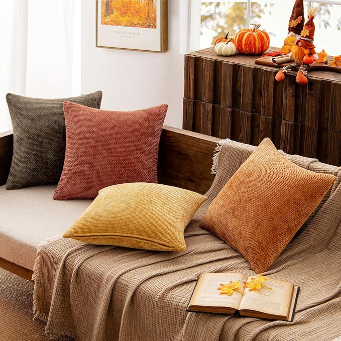 MIULEE Pack of 4 Fall Orange/Yellow Couch Throw Pillow Covers 20x20 Inch Yellow Green Soft Decorative Chenille Pillows Farmhouse Accent Cushions for Boho Home Decor Spring Sofa Bedroom Living Room