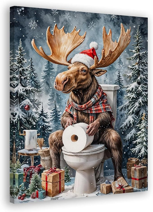 FITIE Funny Christmas Moose Bathroom Canvas Wall Art Poster, Vintage Holiday Winter Christmas Framed Artwork Prints Wall Decor for Bathroom Washroom Restroom Toilet, 11x14 Inch