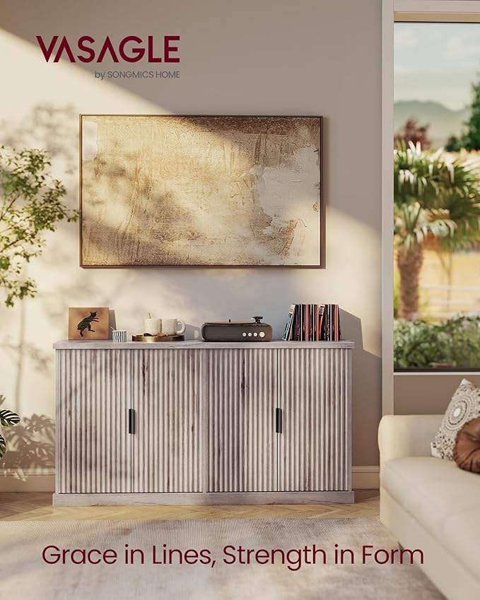 VASAGLE MAXE Collection - Transitional Buffet Cabinet, Console Cabinet, Sideboard with Adjustable Shelves, Fluted Doors, Buffet Table, Kitchen Pantry, Washed Gray UBBK382G01S