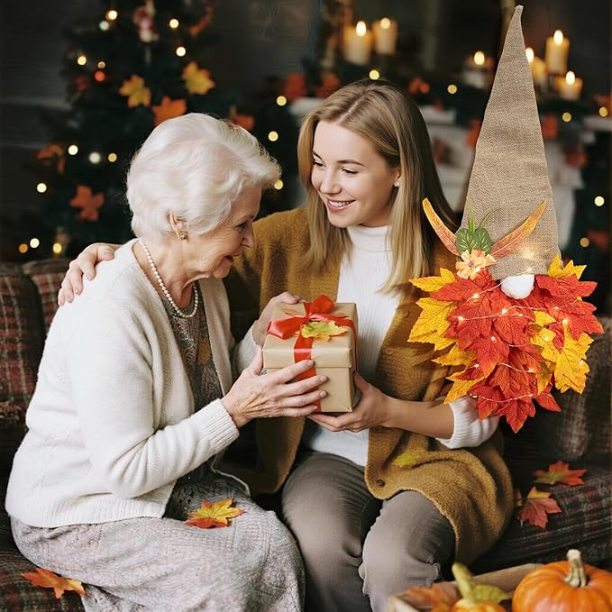 Fall Wreaths Gnome Door Hanging Garland with Maple Leaves LED String Lights, Artificial Maple Leaves Wreath for Autumn Harvest Thanksgiving Decoration Home Indoor Outdoor A