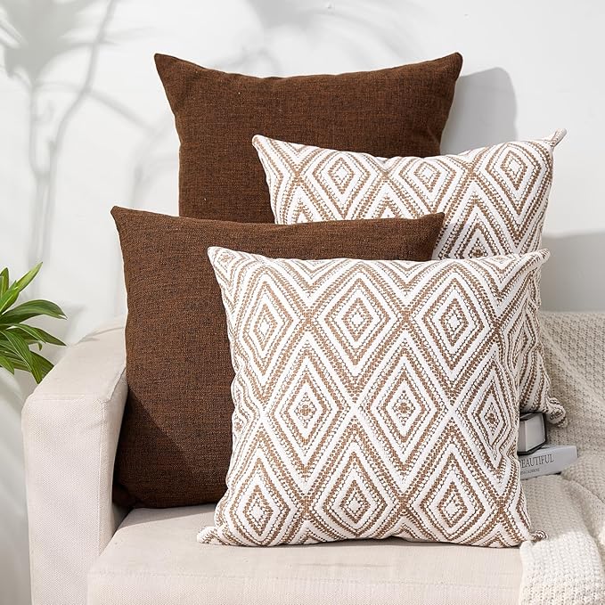 HPUK Decorative Throw Pillow Covers Set of 4 Geometric Design Linen Cushion Cover for Couch Sofa Living Room, 18"x18" inches, Chocolate