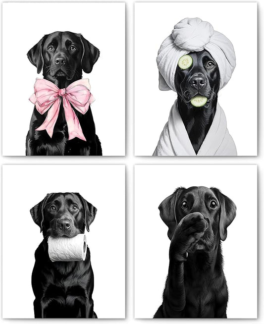 FITIE Funny Black Labrador Retriever Bathroom Wall Art Posters Set of 4, Dog Bathroom Decor, Coquette Bow Humor Black Lab Dog Canvas Prints Artwork Wall Decor for Bath Wash Room, 8x10 Unframed