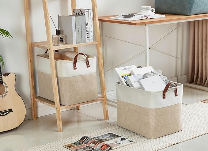 DECOMOMO Fabric Storage Basket Large Closet Storage Bins for Toys Nursery & Laundry Storage (Beige & White, XXL - 3 Pack)