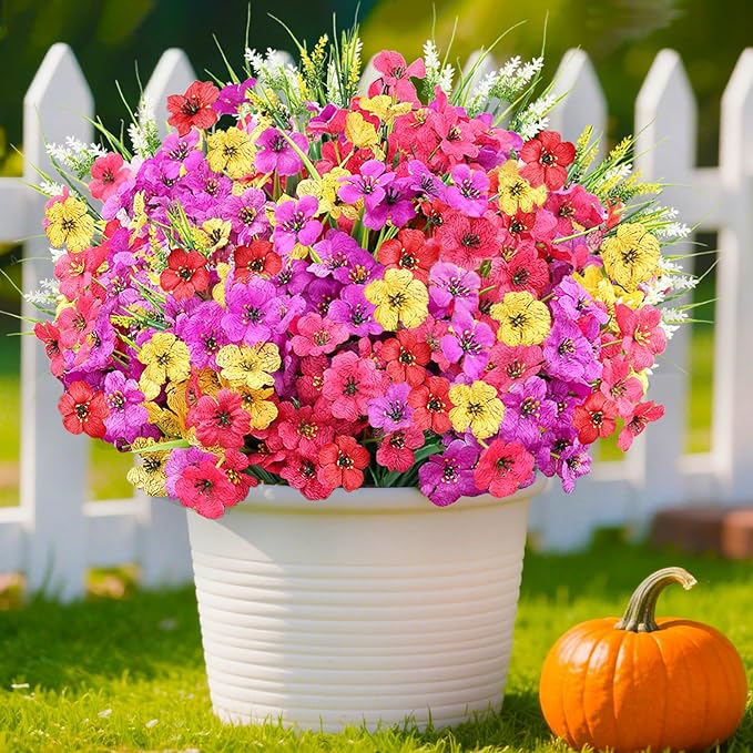 24 Bundles Realistic Fake Flowers for Outdoors, No Fade Faux Silk Flowers & Artificial Plants Lavender, for Garden Patio Porch Decor, Window Box, Hanging Basket, Planter, Grave Decorations