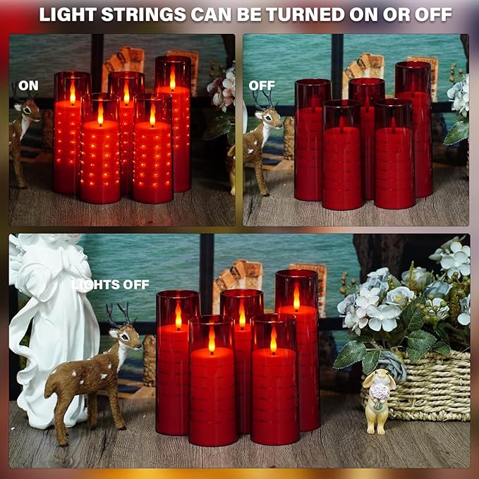 Flameless Candles with Embedded Star String - Flow Flicker Battery LED Candles, Realistic Flame, Red Set of 5 | Holiday Decoration, Wedding, Party Adding to The Family Atmosphere