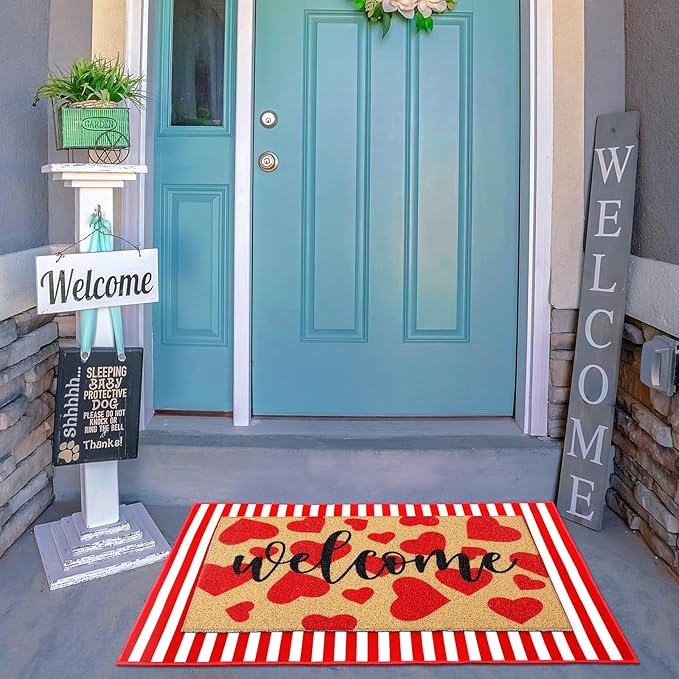 2 Pcs Valentines Welcome Door Mat Heart Outdoor Welcome Mats for Front Door Non Slip Heart Coir Floor Mat Red White Stripe Valentines Rug for Outside Front Porch Entryway Decor